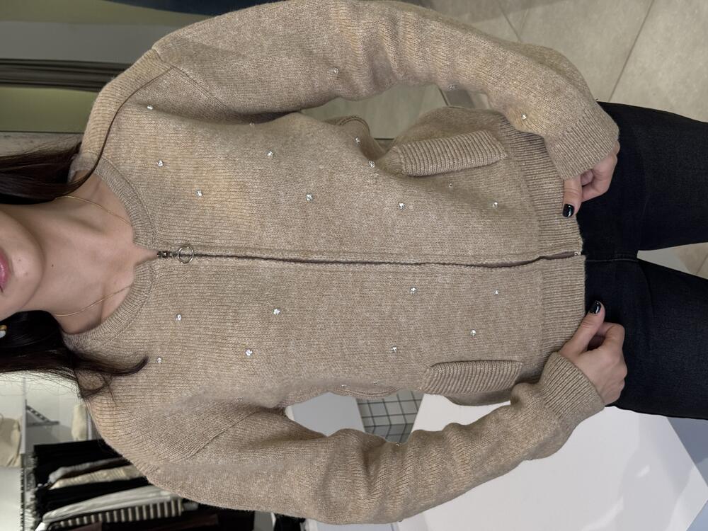 Кардиган з блискавкою та камінцями кемел, one size